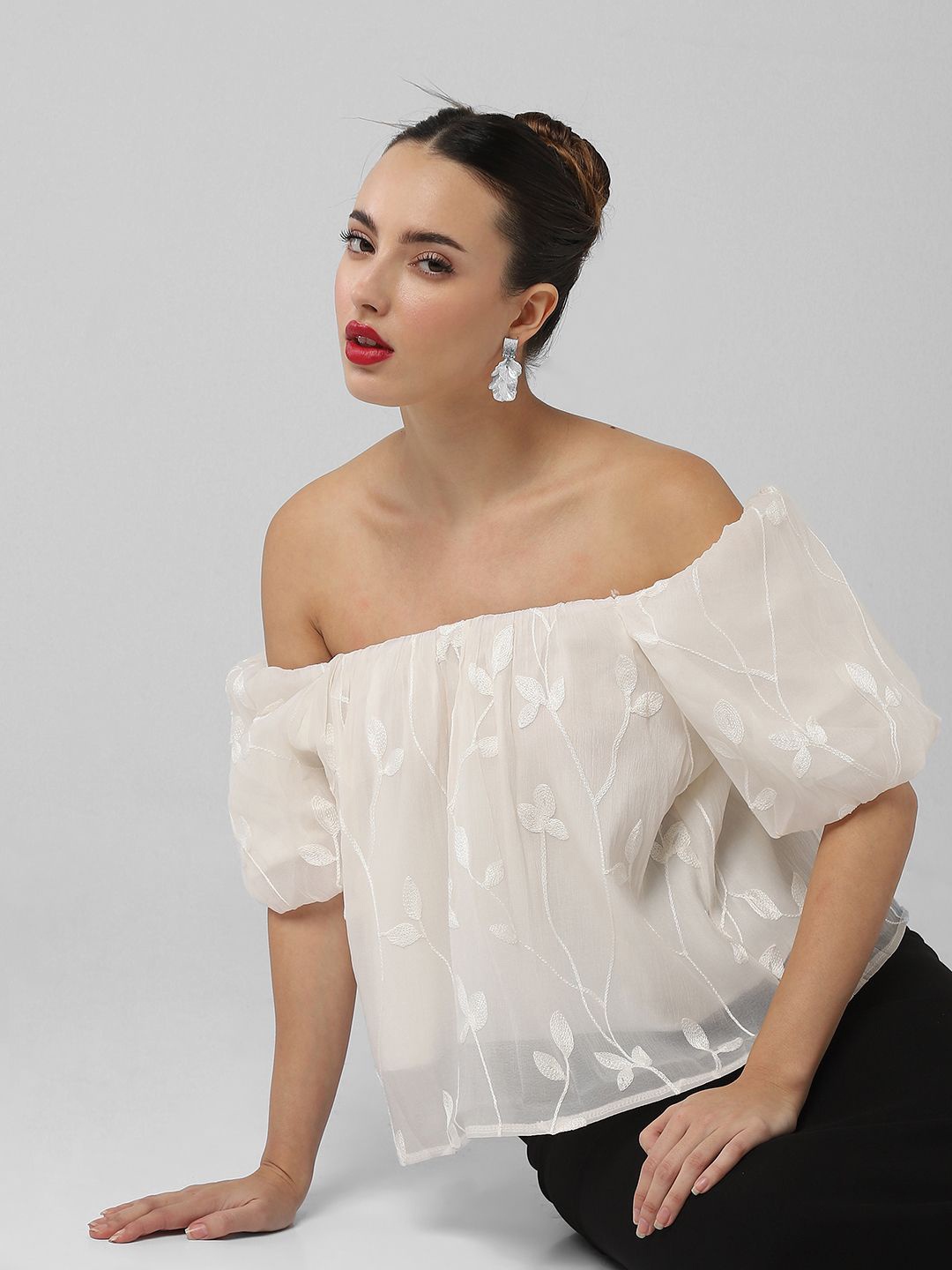 

SHOWOFF Women Embroidered Off-Shoulder Bardot Top, Cream