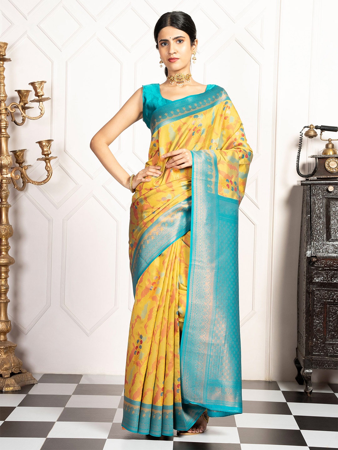 

MIMOSA Woven Design Zari Pochampally Saree, Yellow