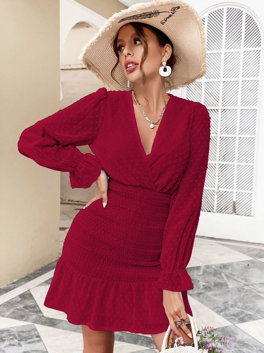 

Stylecast X Slyck Puff Sleeve Ruffled Fit & Flare Dress, Maroon