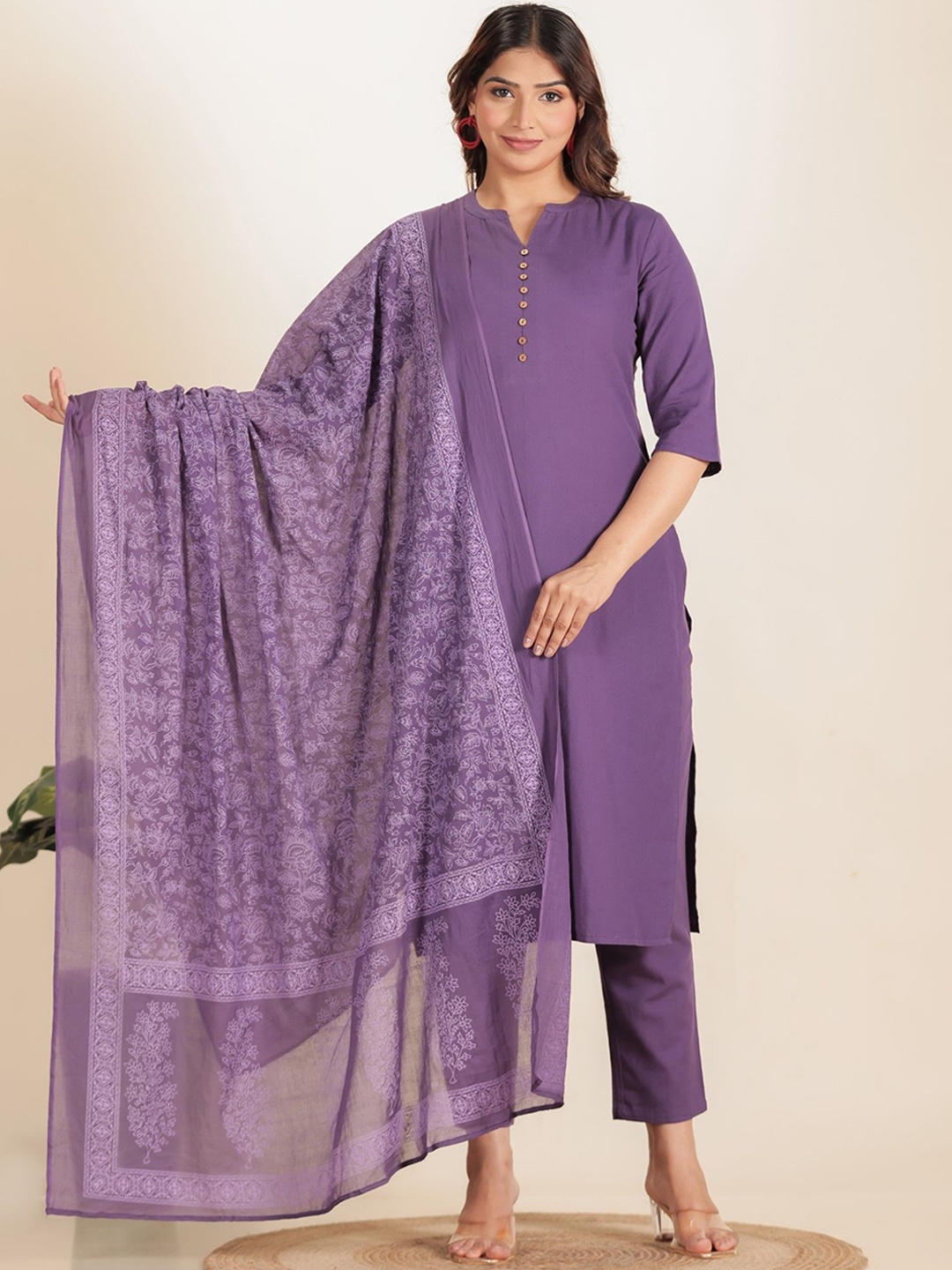 

Aramya Women Regular Beads and Stones Linen Kurta with Trousers & With Dupatta, Purple