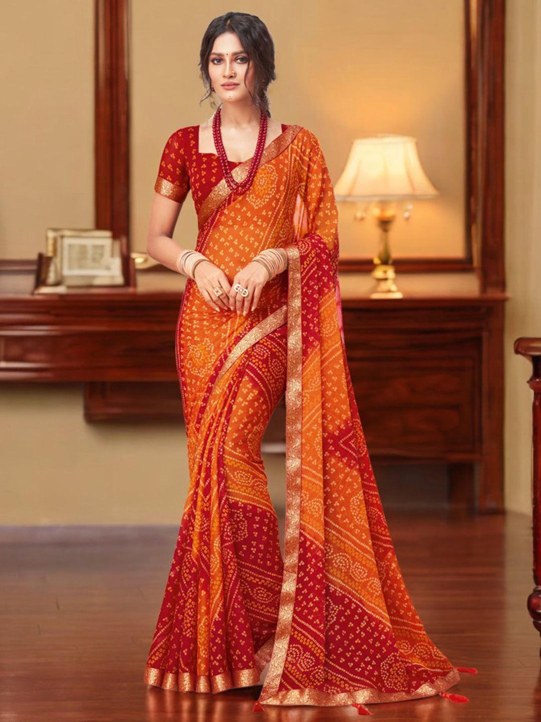 

KALINI Bandhani Pure Chiffon Bandhani Saree, Orange