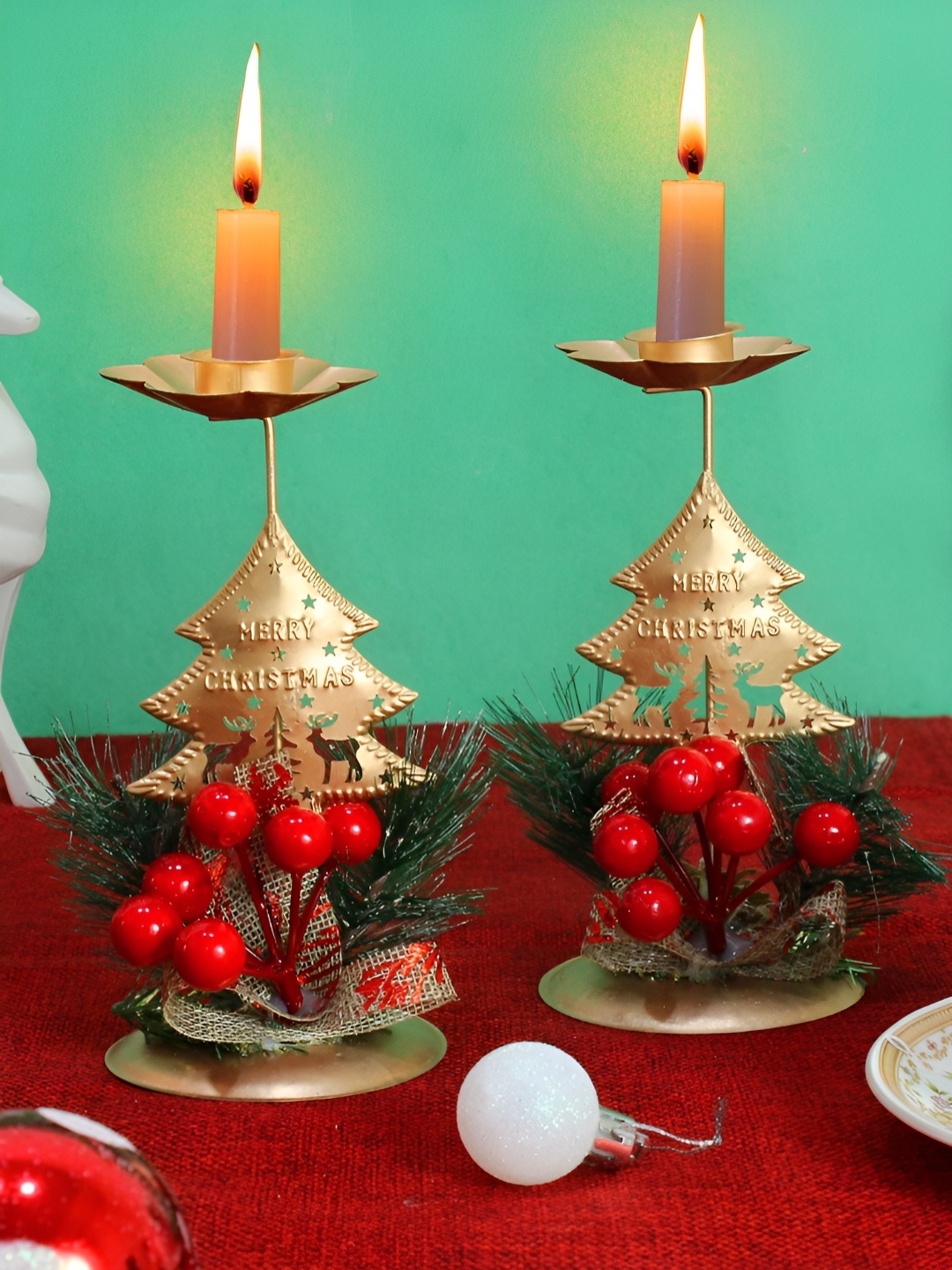 

TIED RIBBONS Gold-Toned Set of 2 Christmas Candle Holder