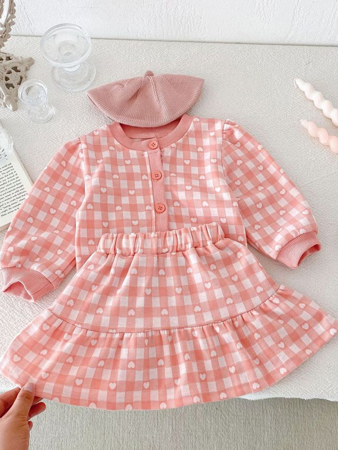 

LULU & SKY Girls Checked Top with Skirt, Pink