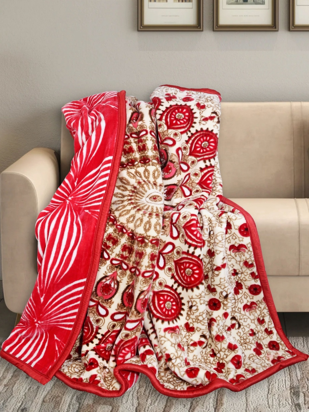 

MAGICAL Red & Cream-Coloured Ethnic Motifs Mink 500 GSM Double Bed Blanket