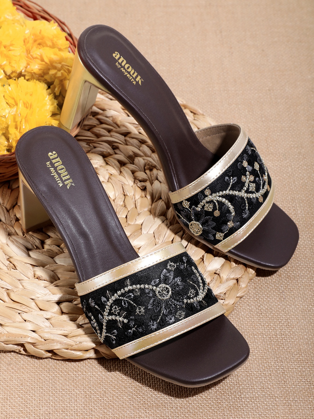 

Anouk Floral Embroidered Block Heels, Black