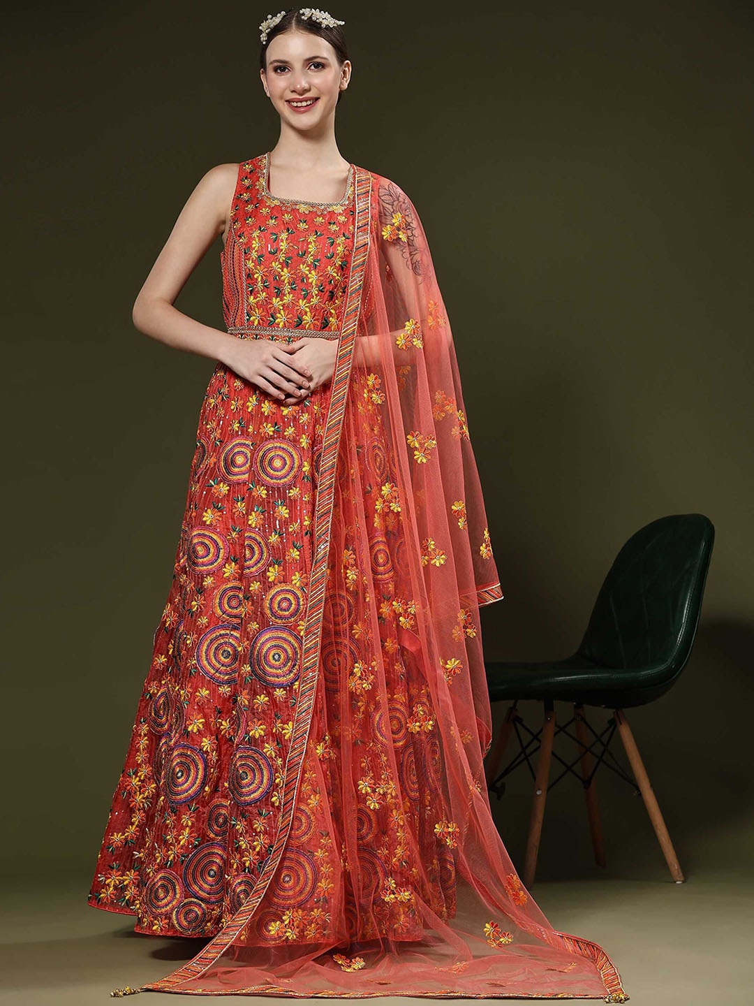 

VANAKARA Embroidered Maxi Ethnic Dresses With Dupatta, Rust