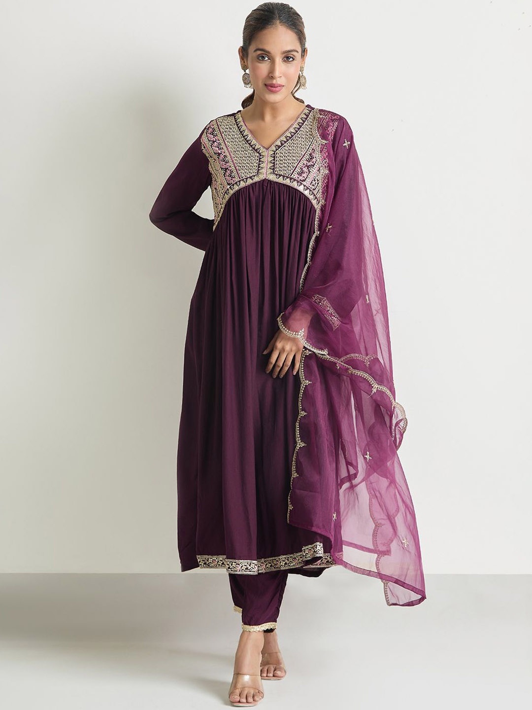 

Samyukta Singhania Women Yoke Design Regular Kurta with Trousers & With Dupatta, Purple