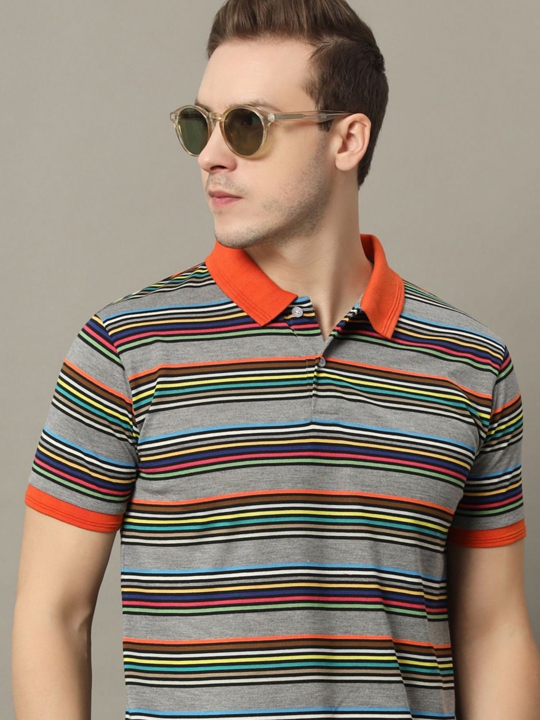 

GET GOLF Men Striped Polo Collar Cotton T-shirt, Orange