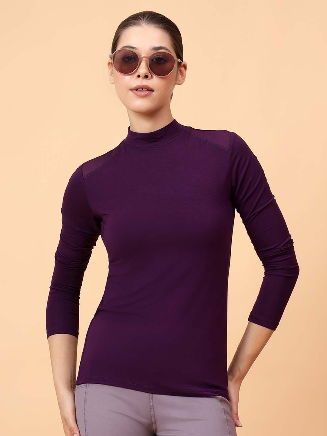 

Fitkin Women Purple Shoulder Net Panel Tshirt