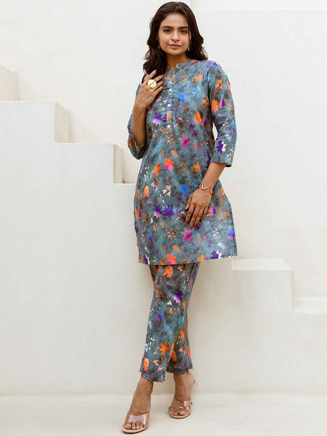 

HUKUM Floral Printed Pure Cotton Top With Trousers, Grey