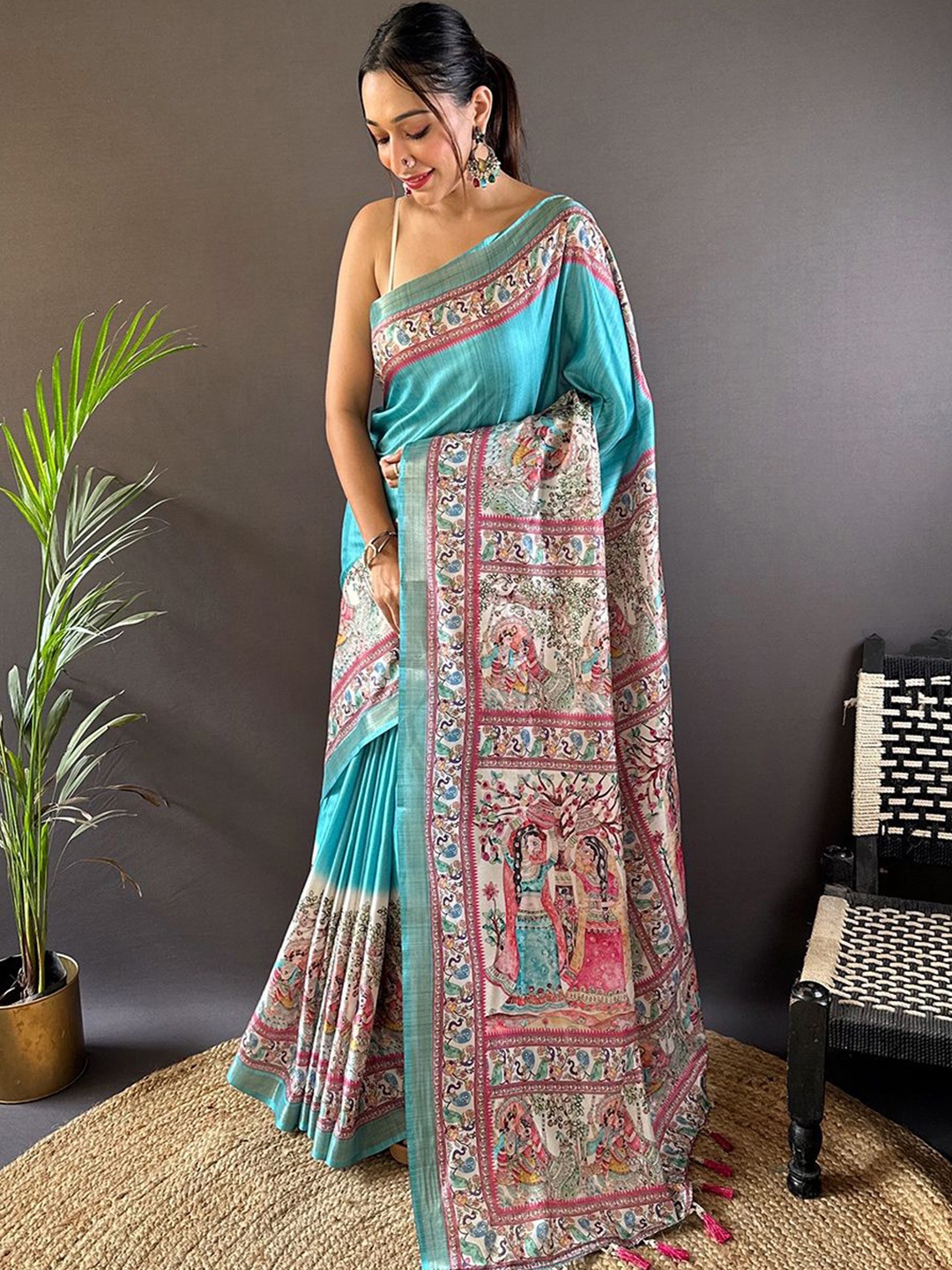 

LeeliPeeri Designer Kalamkari Silk Blend Designer Tussar Saree, Turquoise blue