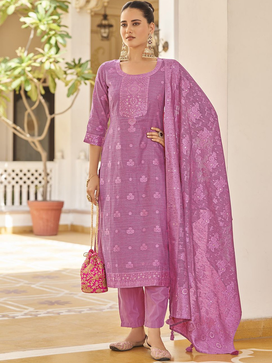 

KALINI Women Woven Straight Silk Blend Kurta with Trousers & With Dupatta, Pink