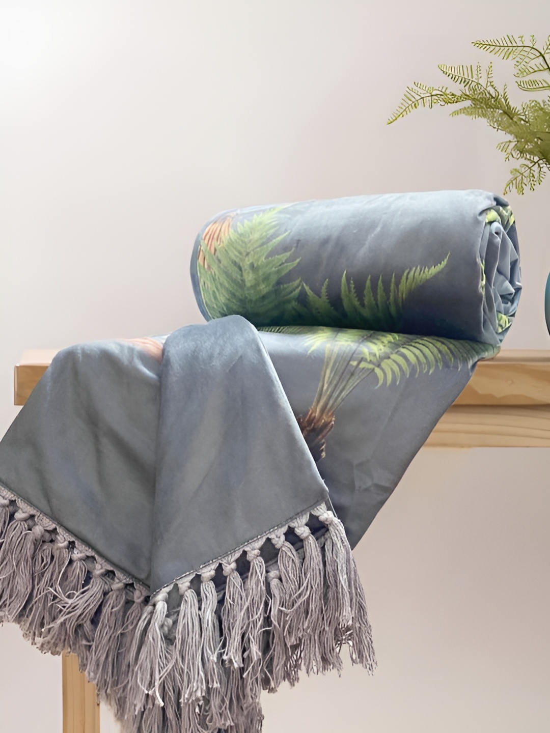 

SAJAVAT Grey & Green Printed Pure Velvet Sofa Throw