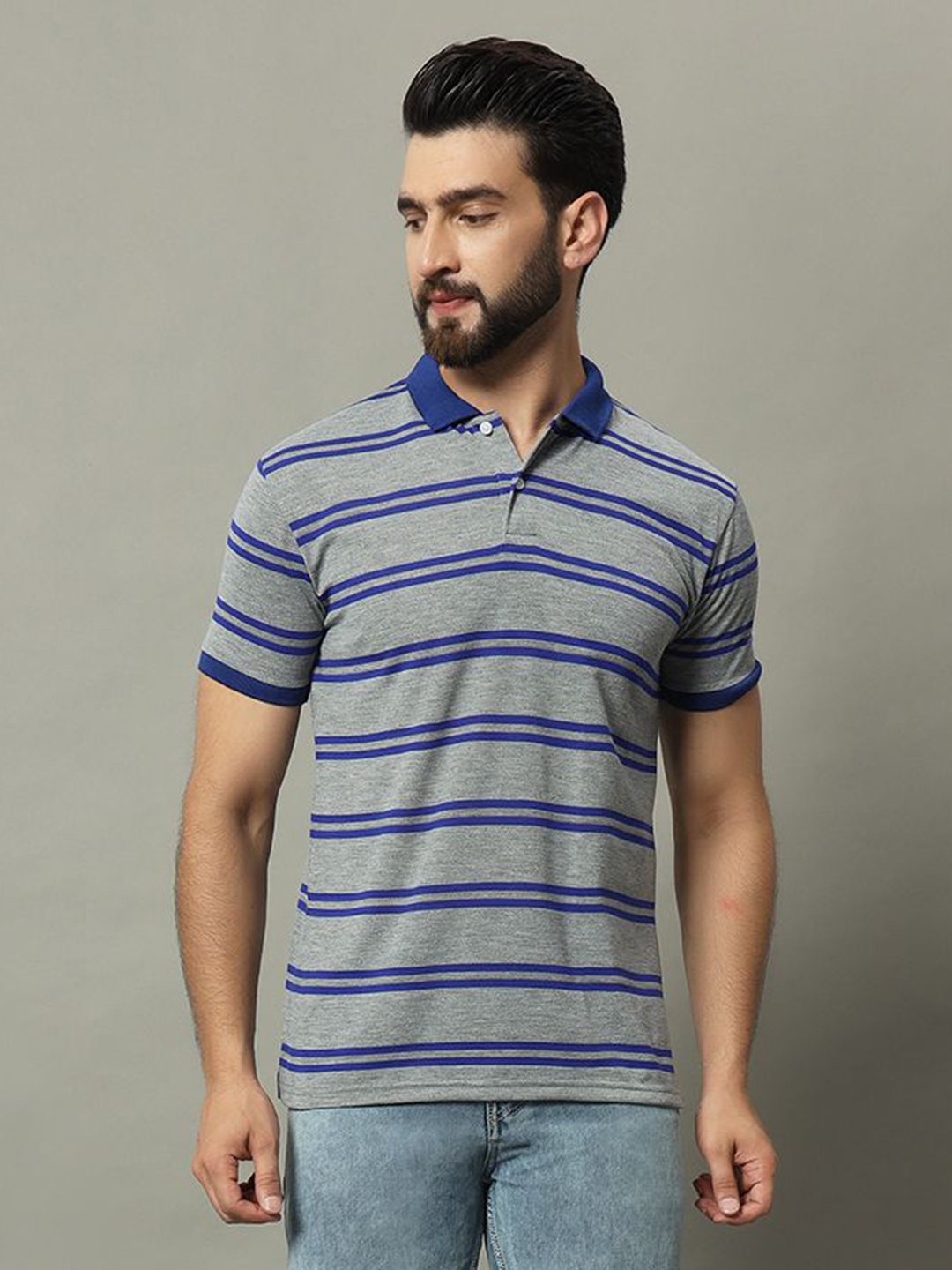 

GET GOLF Men Striped Polo Collar Cotton T-shirt, Grey