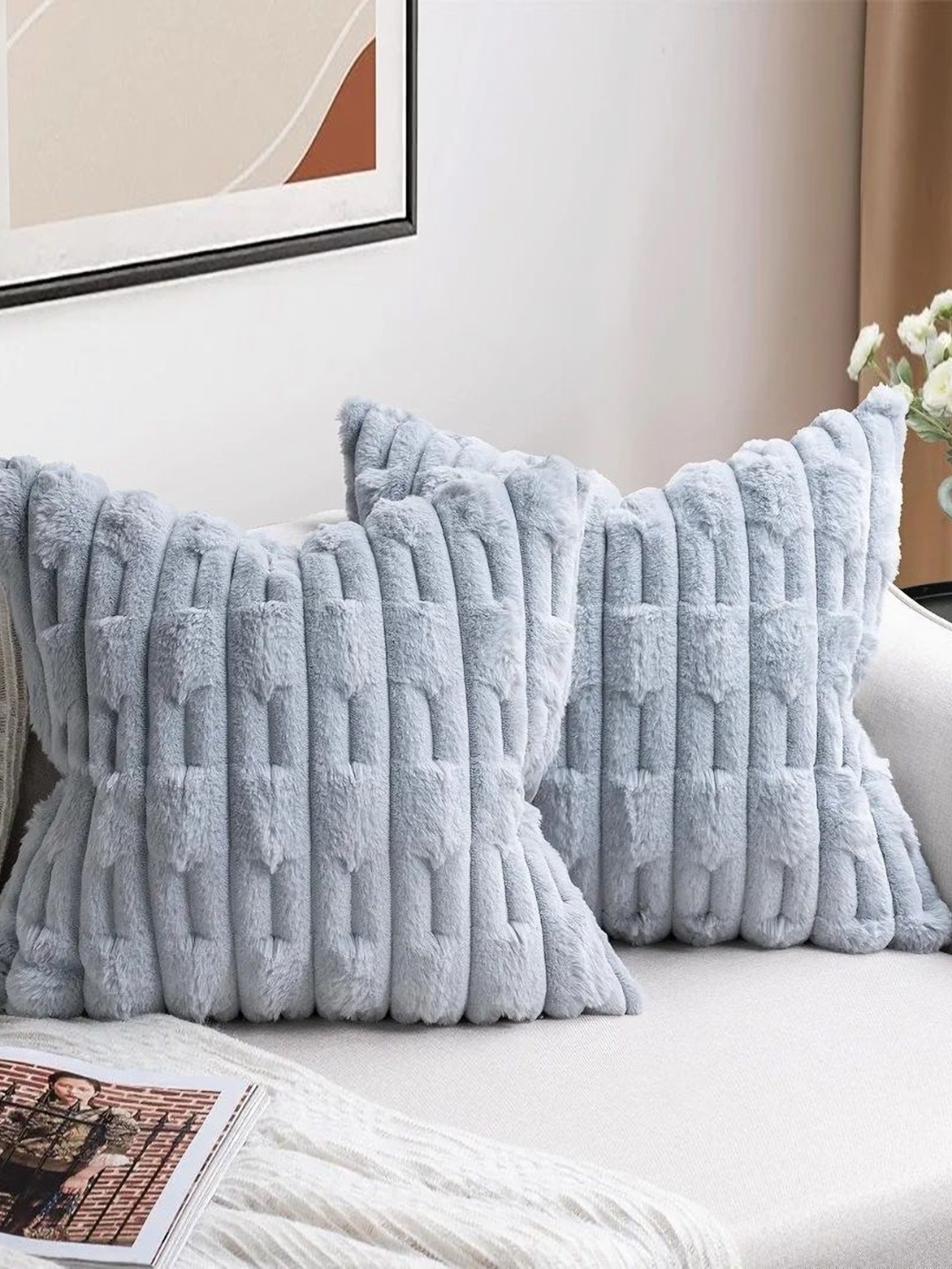 

TANLOOMS Grey Set of 2 Striped Velvet Square Cushion Covers