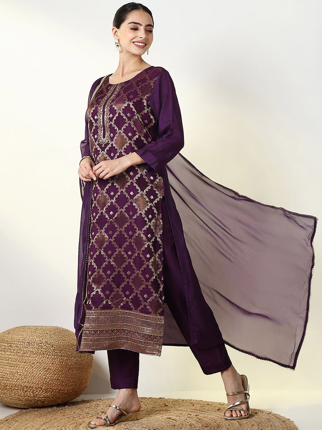 

SHOWOFF Women Ethnic Motifs Printed Regular Thread Work Kurta with Trousers & With Dupatta, Purple
