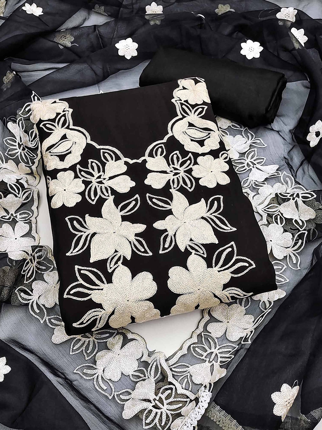 

Peachmode Embroidered Unstitched Dress Material, Black
