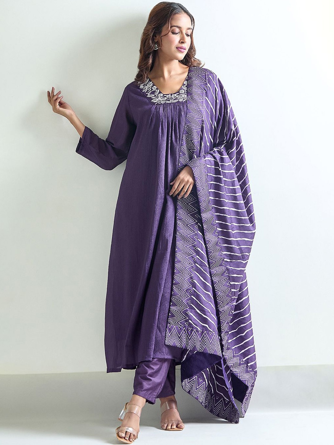 

Samyukta Singhania Women Embroidered Regular Kurta with Trousers & With Dupatta, Purple