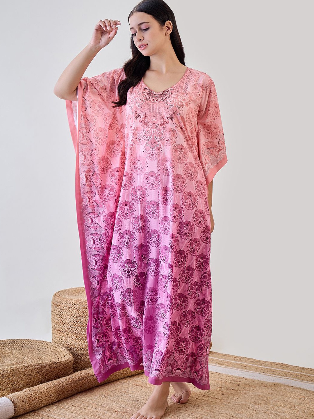 

The Kaftan Company Printed Maxi Nightdress, Peach