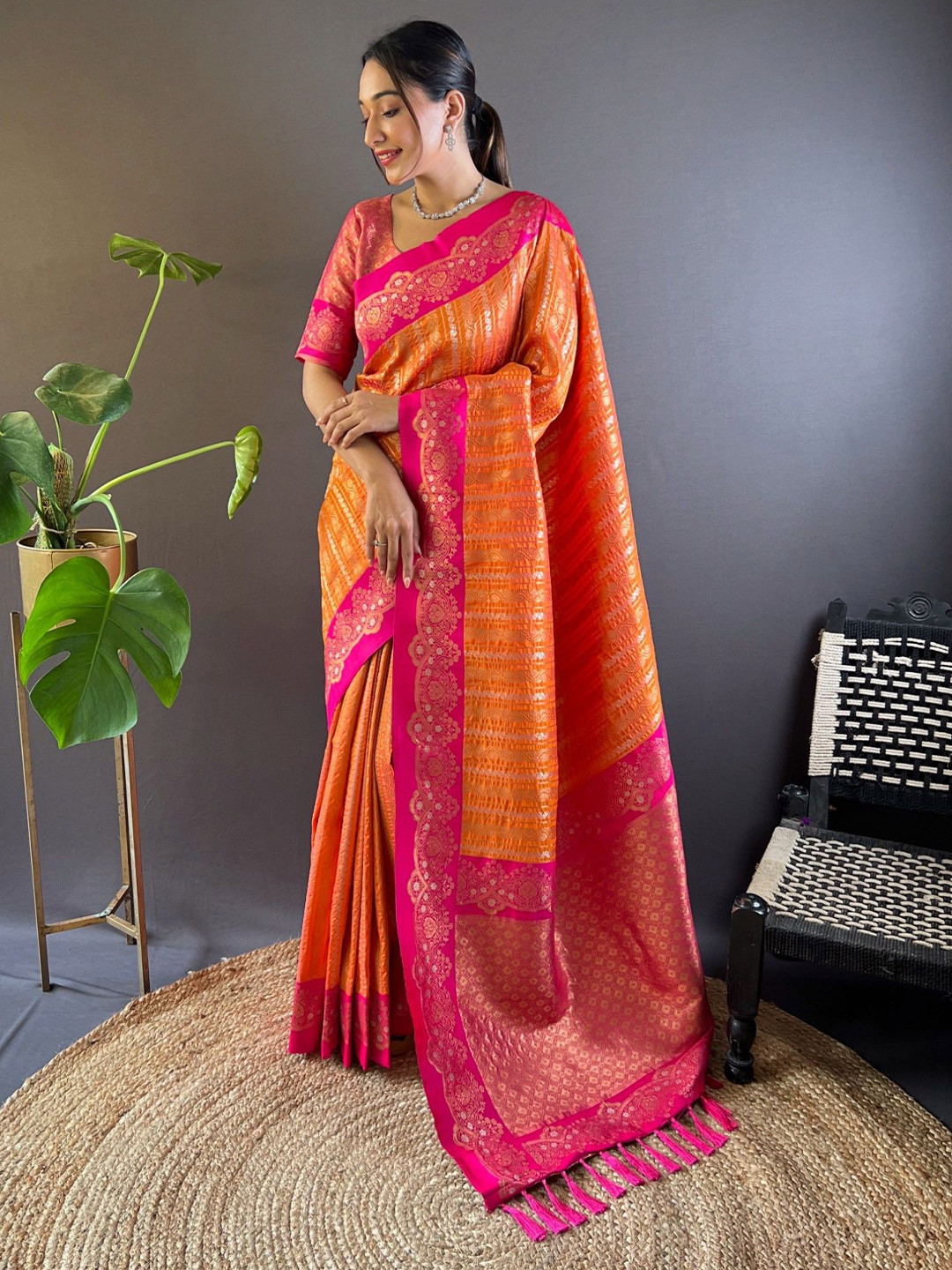 

LeeliPeeri Designer Floral Silk Blend Paithani Saree, Orange