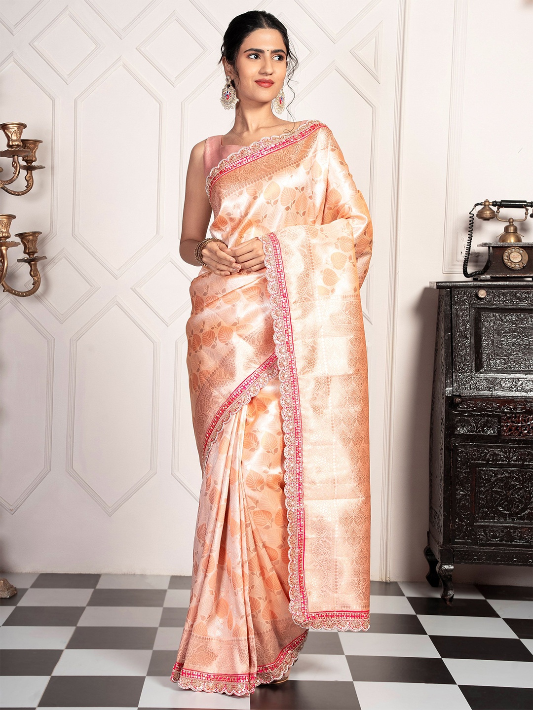 

MIMOSA Floral Zari Kanjeevaram Saree, Peach