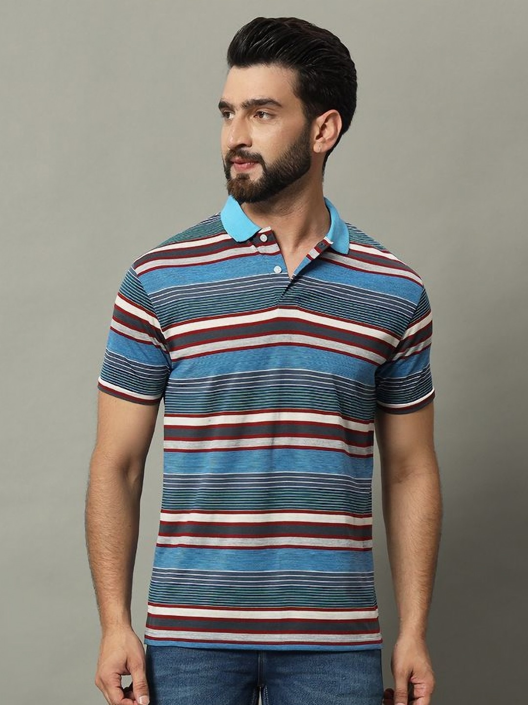 

GET GOLF Men Striped Polo Collar Cotton T-shirt, Blue