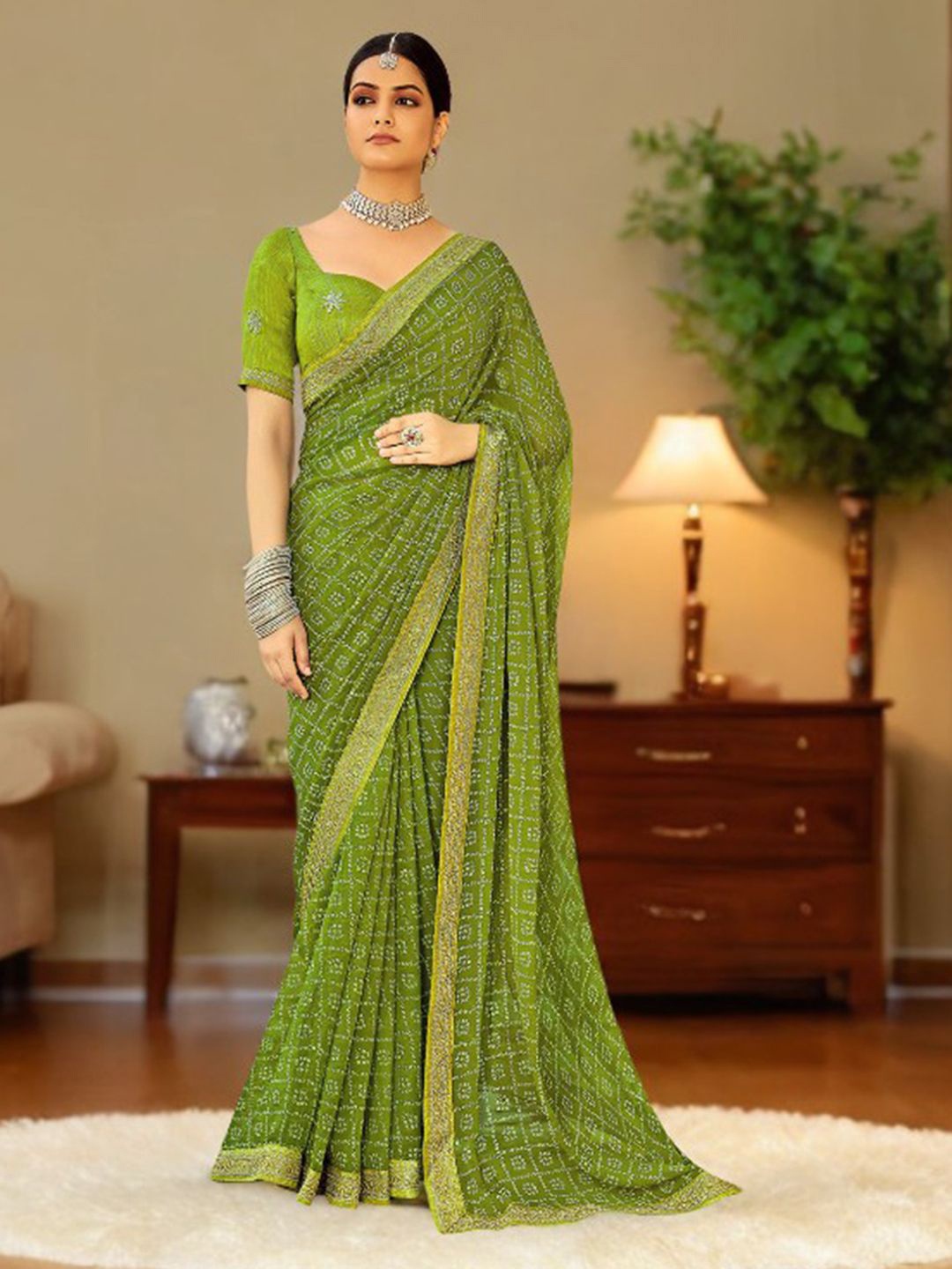 

Mitera Bandhani Embroidered Pure Georgette Designer Bandhani Saree, Green