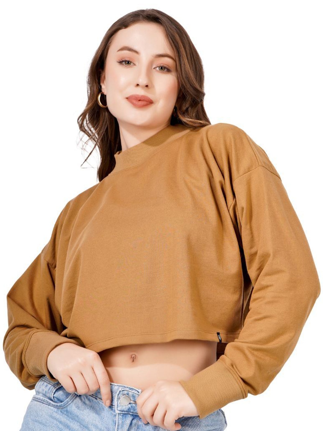 

BLUEFICUS Women High Neck Crop Sweatshirt, Camel brown