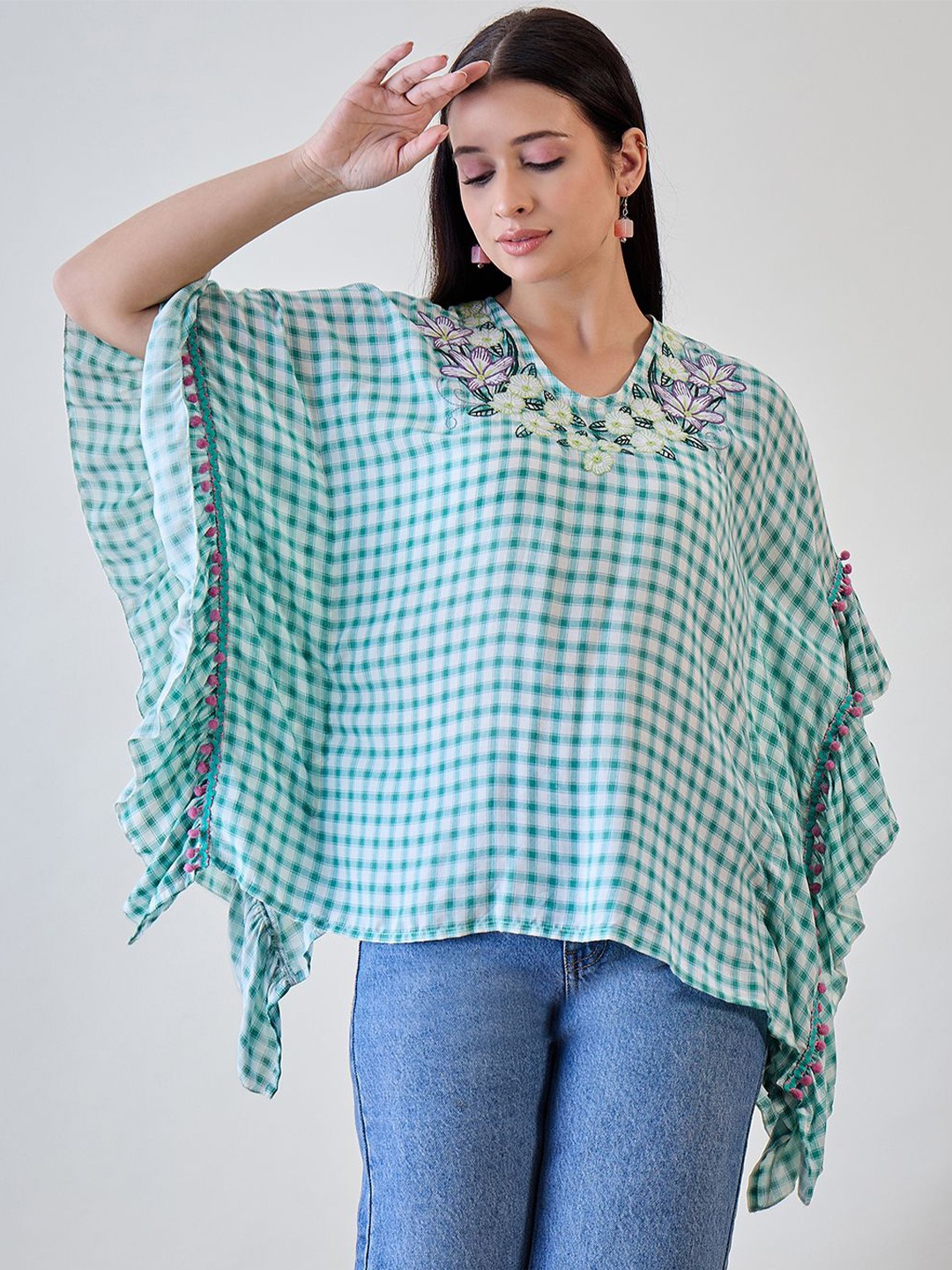 

The Kaftan Company Checked Kimono Sleeve Cotton Kaftan Top, Green