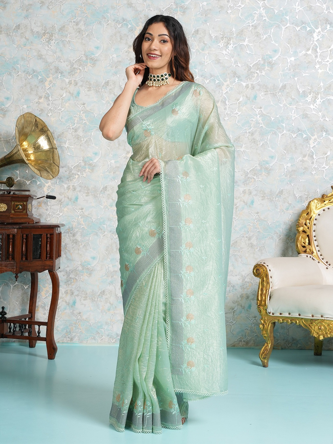 

MIMOSA Floral Embroidered Banarasi Saree, Turquoise blue