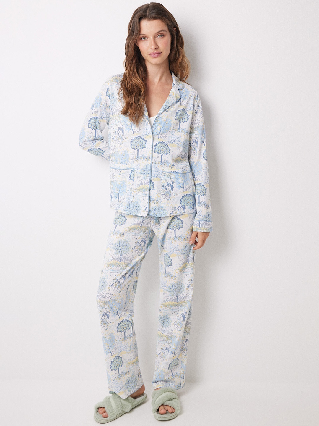 

women'secret Floral Print Pure Cotton Night suit, White