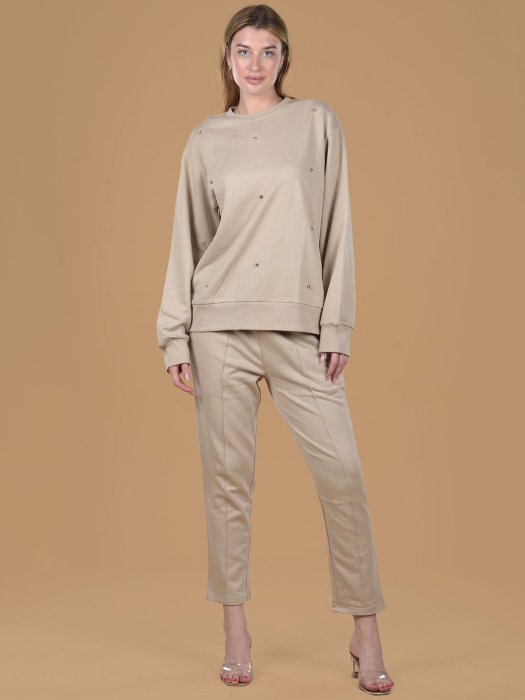 

Antimony Embellished Round Neck Sweatshirt with Trouser, Beige