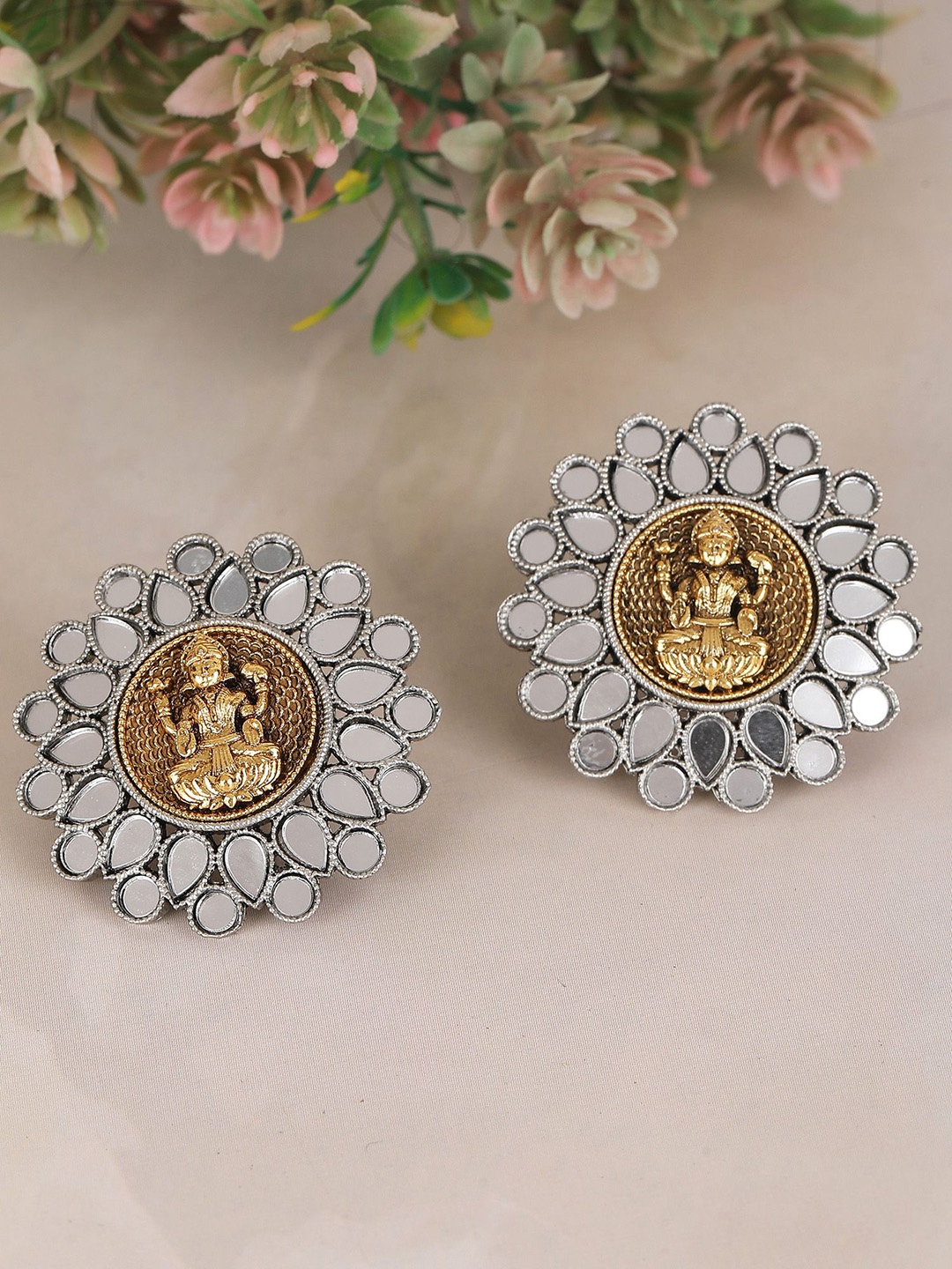 

Sangria Stone-Studded Goddess Laxmi Ethnic Earrings, Silver