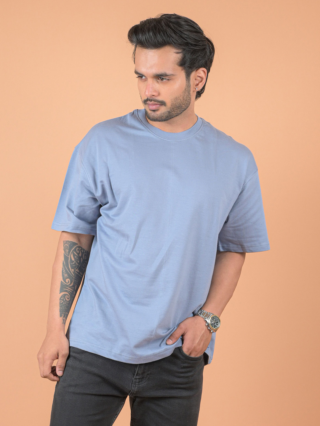 

INDIAN THREADS Men Pure Cotton Pockets T-shirt, Blue