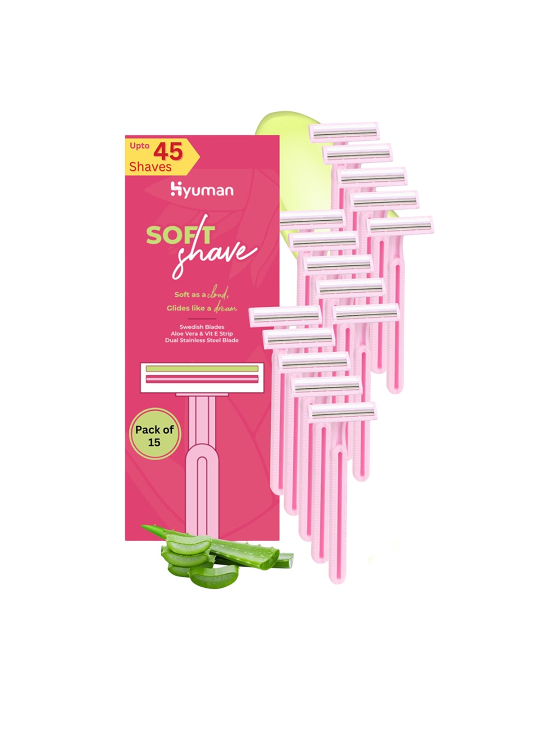 

HYUMAN Set Of 15 Aloe Vera & Vitamin E Soft Shave Razor, Pink