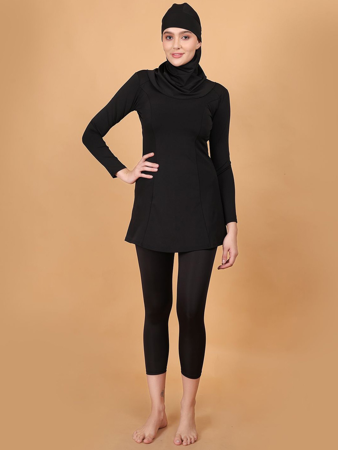 

N-Gal Round Neck Swim Set With Swim Cap & Hijab, Black