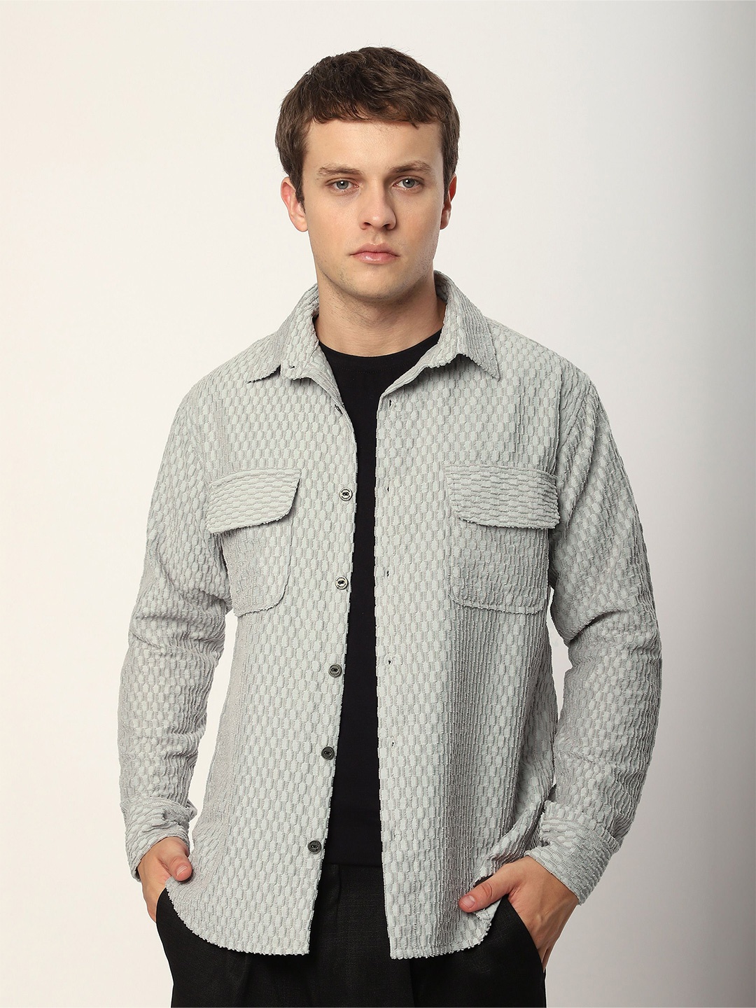 

Beyoung Men Spread Collar Solid Cotton Relaxed Fit Casual Shirt, Grey