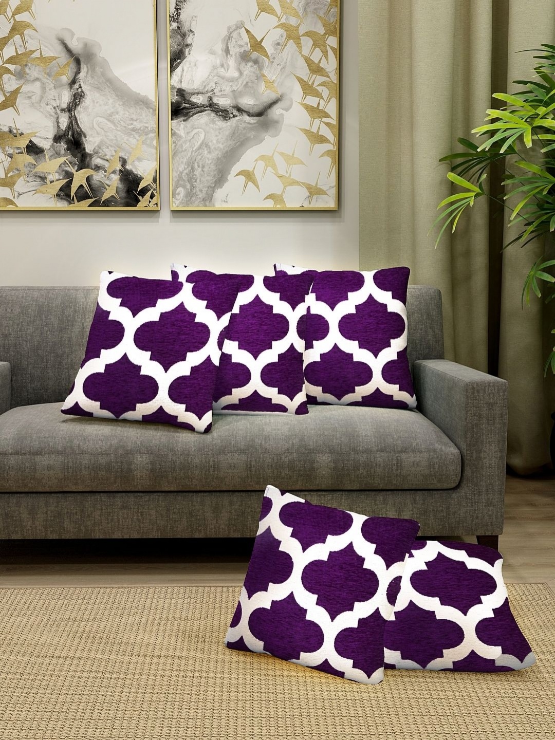 

Aura Violet & White 5 Pieces Ethnic Motifs Square Cotton Cushion Covers