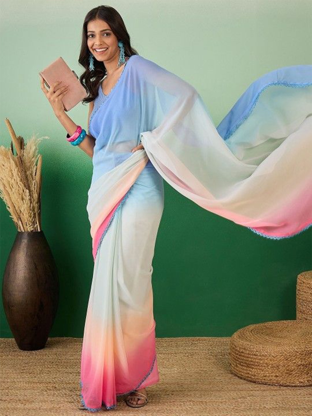 

Anouk Ombre Poly Georgette Ready to Wear Saree, Blue