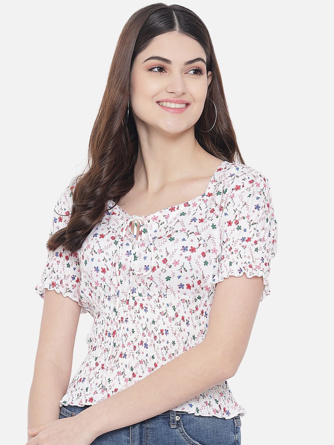 

BAESD Floral Print Sweetheart Neck Puff Sleeve Top, White
