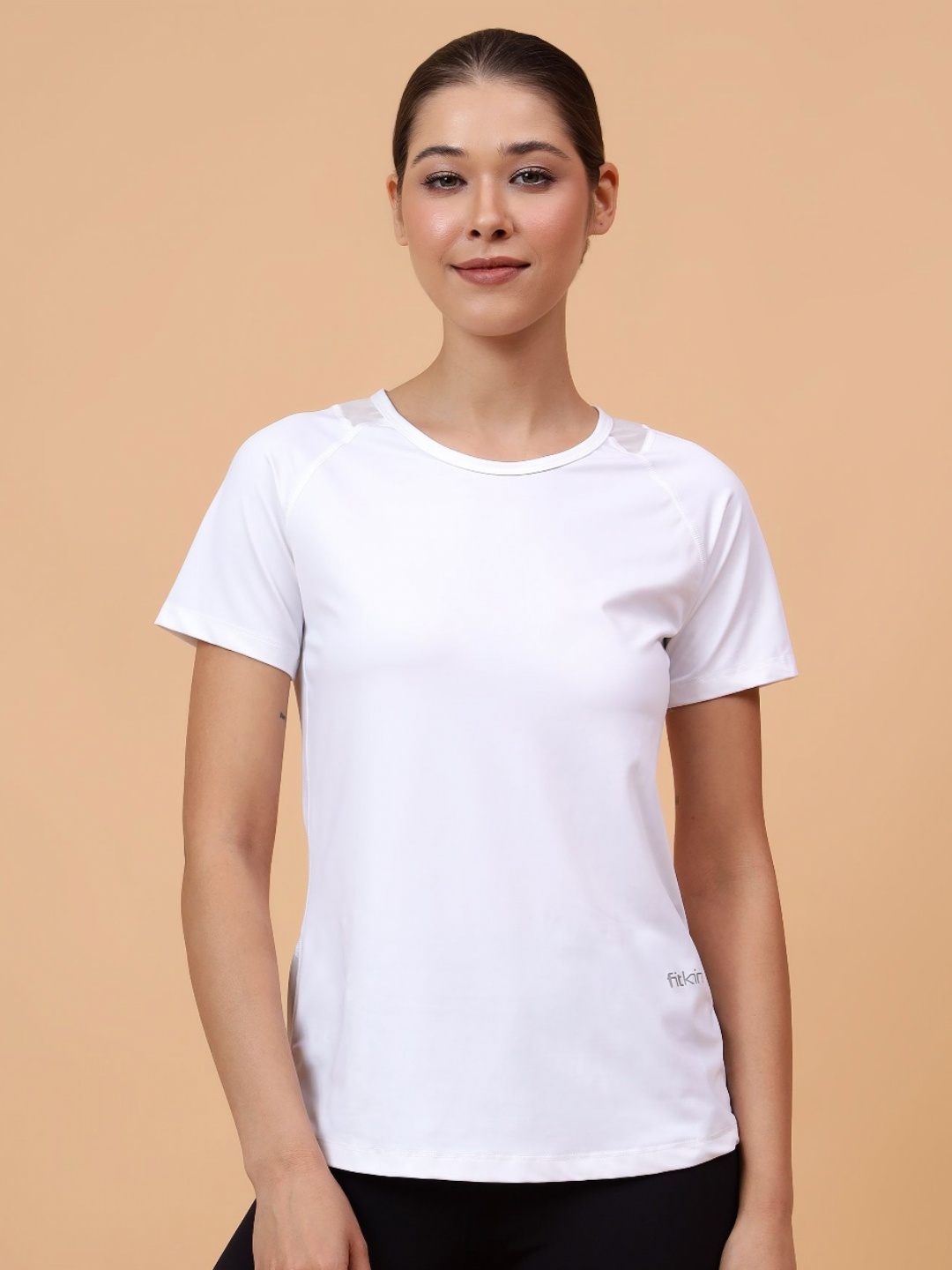 

Fitkin Women Solid Back Mesh Panel T-shirt, White