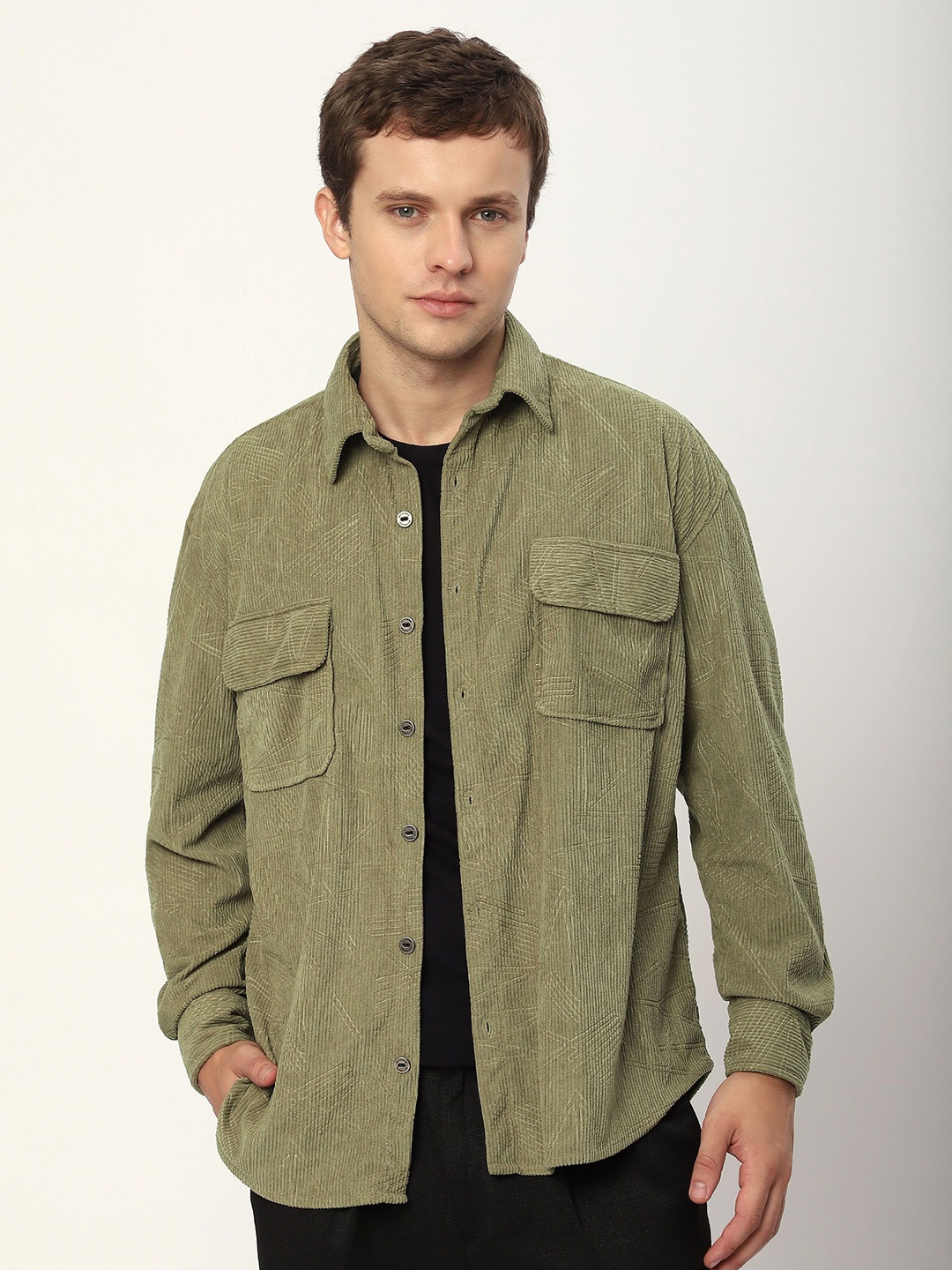 

Beyoung Tribal Textured Corduroy Shirt, Green