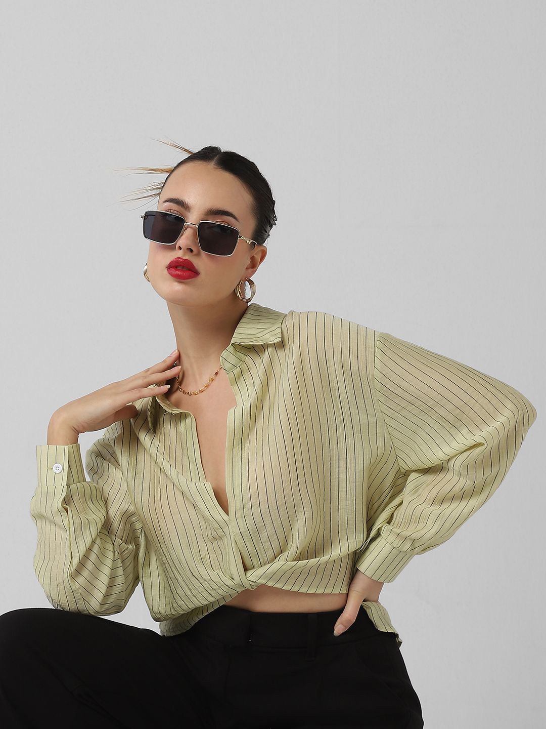 

SHOWOFF Women Striped Shirt Style Crop Top, Green