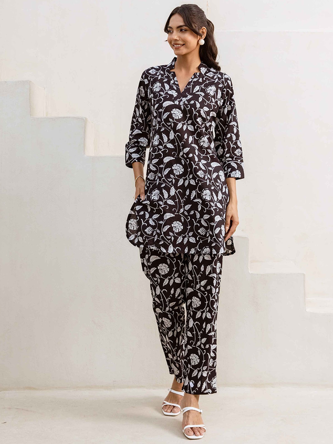 

HUKUM Printed Pure Cotton Tunic With Trouser Co-Ords, Black