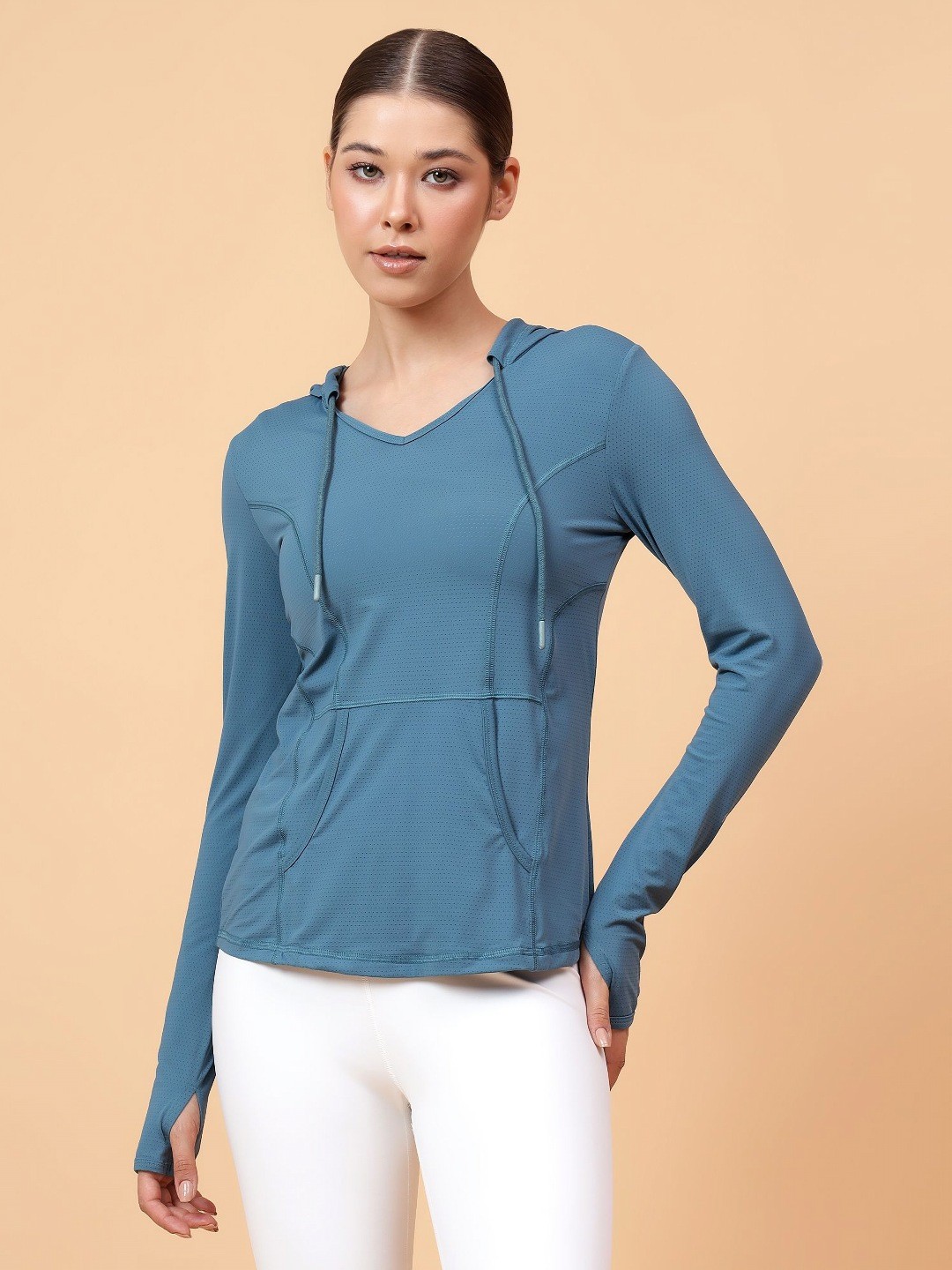

Fitkin Womens Turquoise Self Design Longsleeve Hooded Tshirt, Turquoise blue