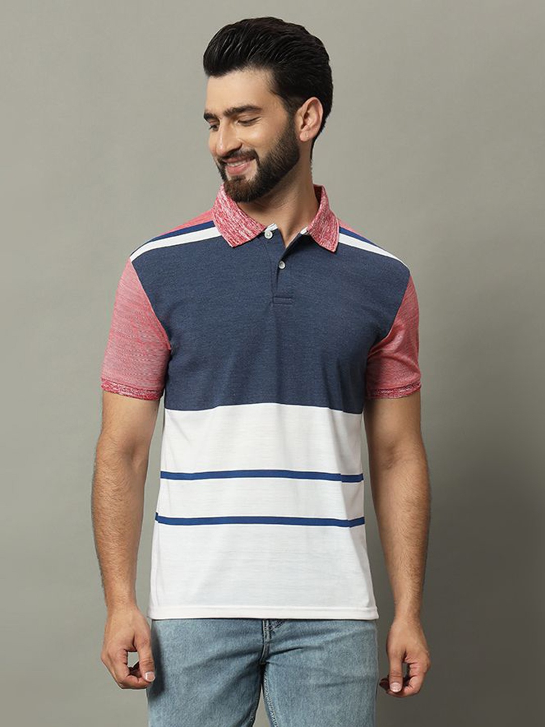 

GET GOLF Men Striped Polo Collar Cotton T-shirt, Blue