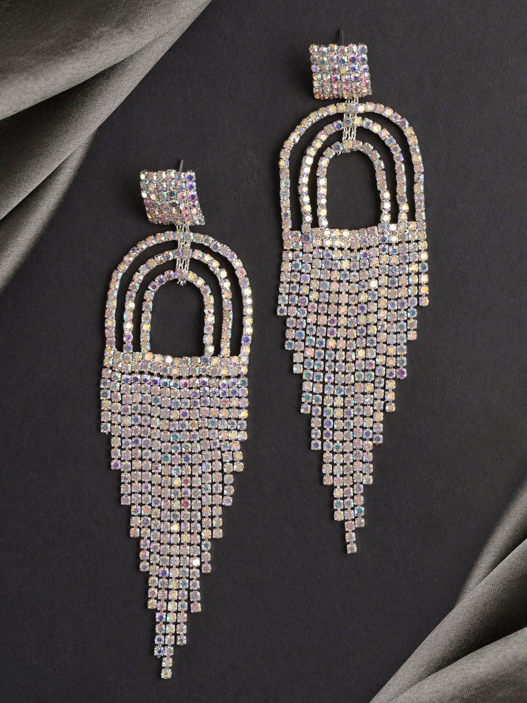 

VAMA Women Silver Rhinestone Tassel Chandelier Design Dangler Earrings