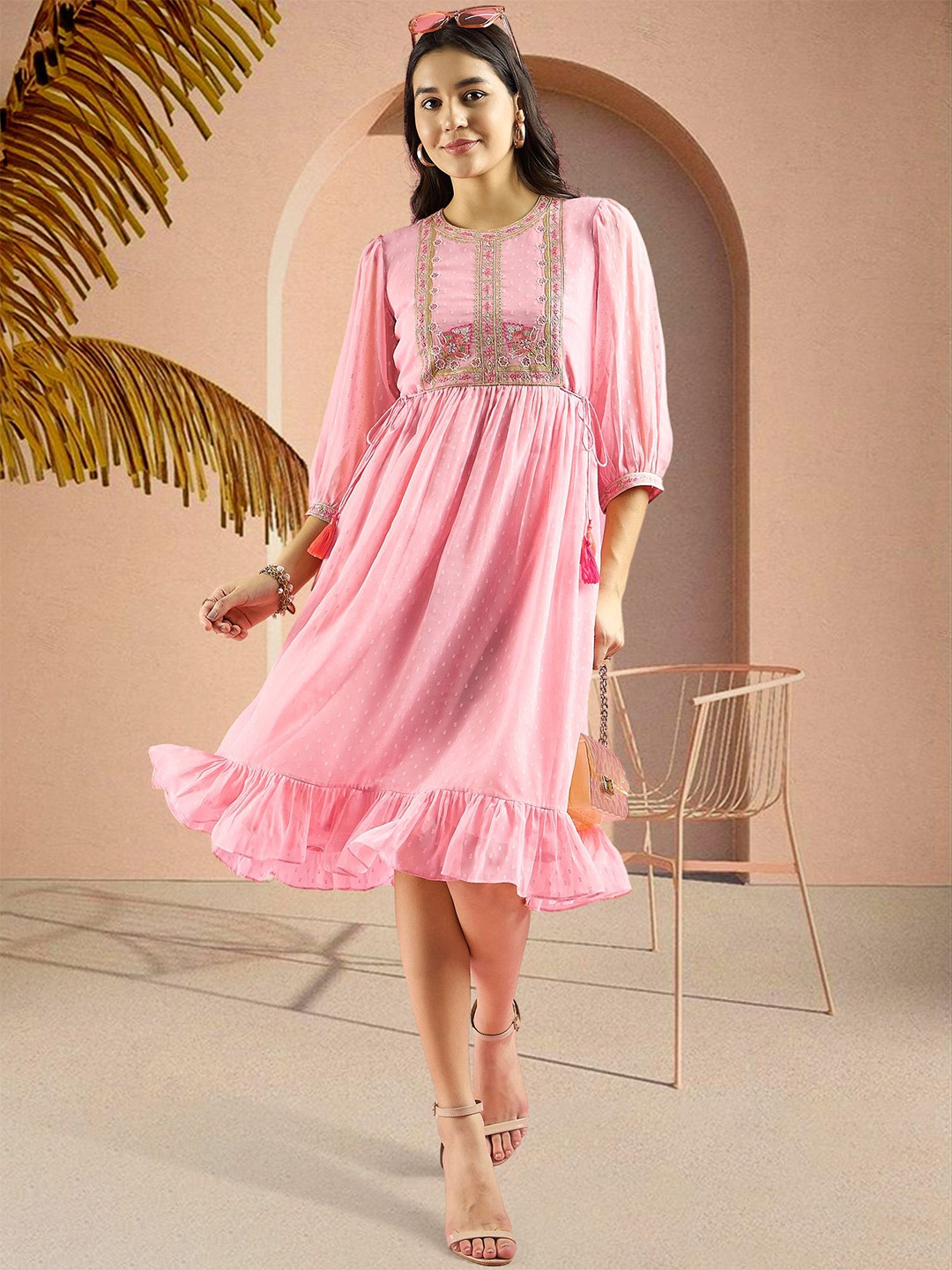 

DressBerry Print Puff Sleeve Georgette Dress, Black