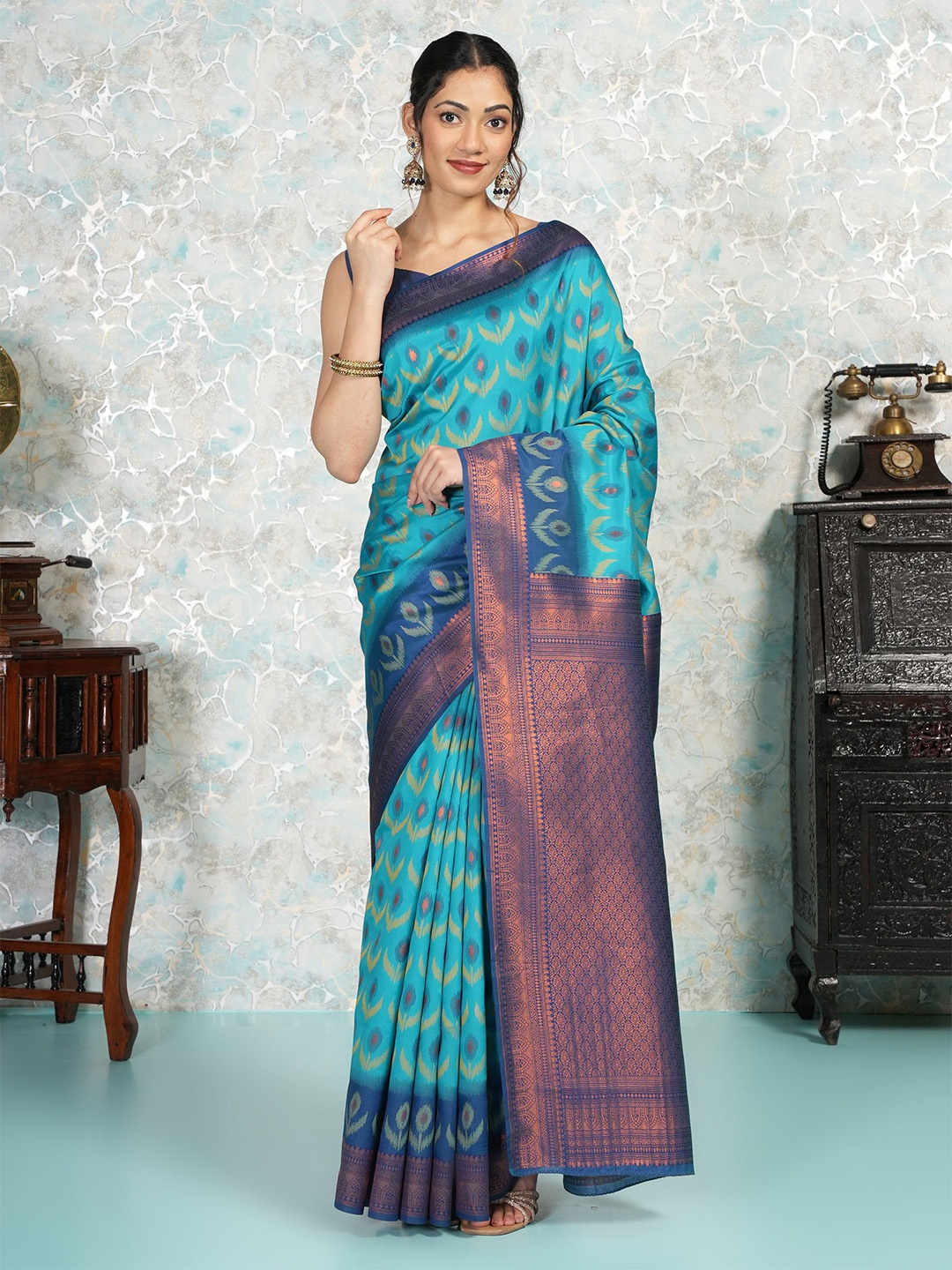 

MIMOSA Floral Zari Art Silk Pochampally Saree, Turquoise blue