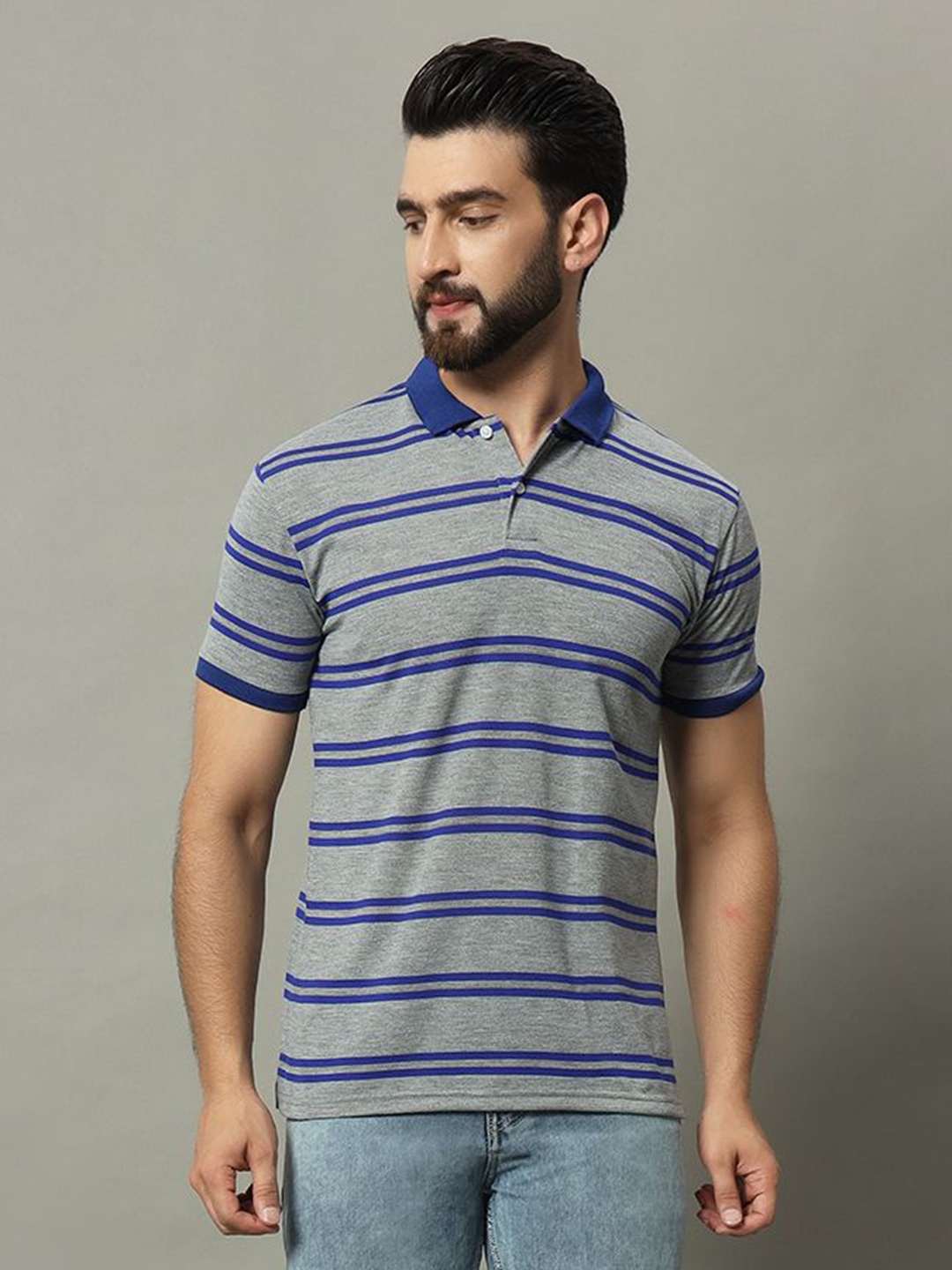 

GET GOLF Men Striped Polo Collar Cotton T-shirt, Grey